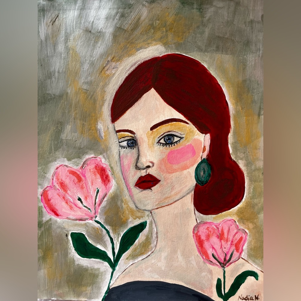 🌸Original art Portrait Painting of woman wFlowers